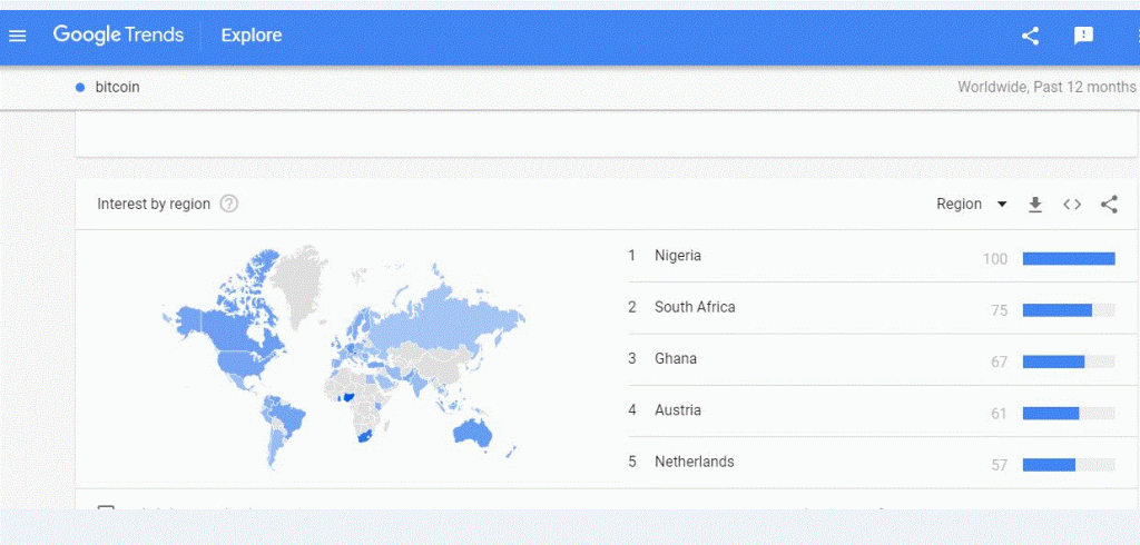 Nigeria leading on Google search for Bitcoin worldwide on Google Trends as captured on 12 August, 2019.